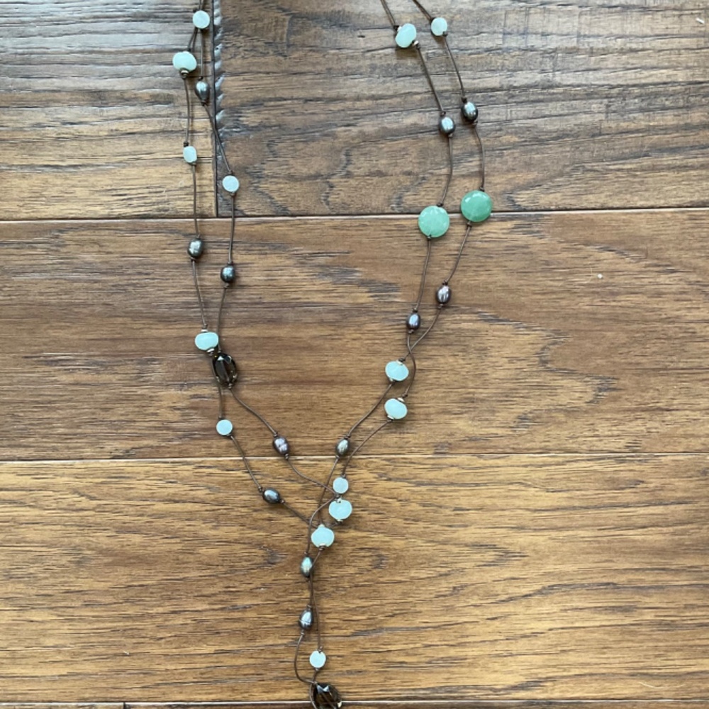 Leather, genuine pearl and gemstone Wrap necklace